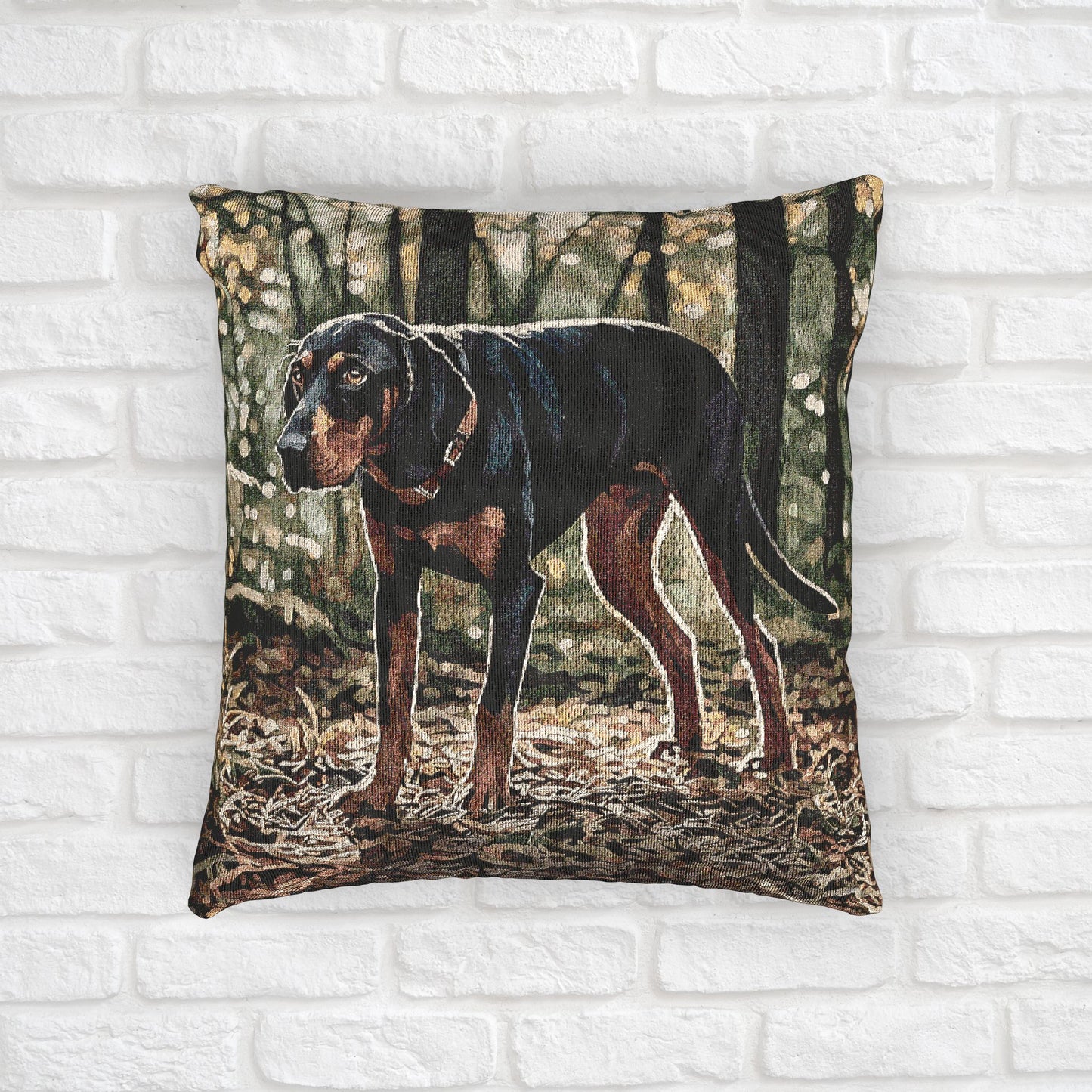 Black and Tan Coonhound Pillow | Dog Lover Gift | Woven Throw Pillow with Coonhound Art