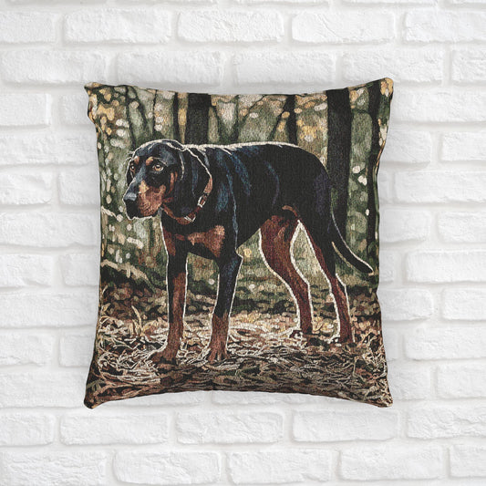 Black and Tan Coonhound Pillow | Dog Lover Gift | Woven Throw Pillow with Coonhound Art