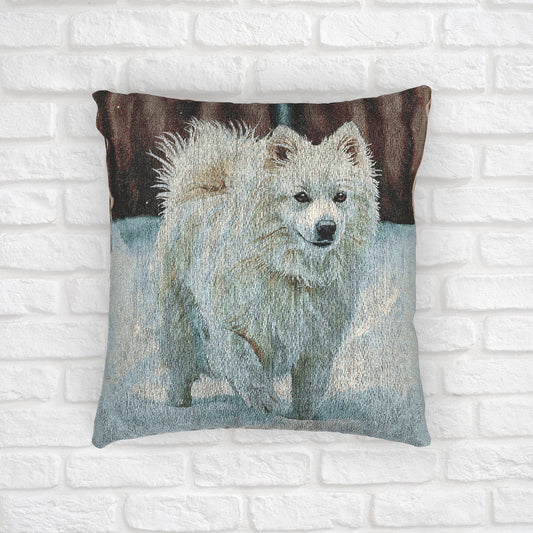 American Eskimo Dog Woven Pillow | Dog Lover Home Décor | Watercolor Dog Art Cushion