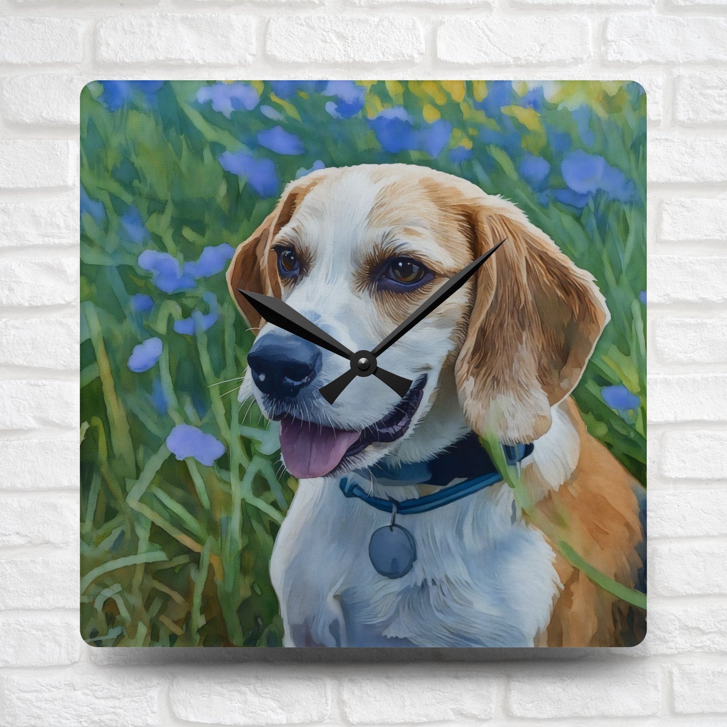 Beagle Wall Clock – Watercolor Dog Art for Home or Office | 10.75” Square Acrylic Clock