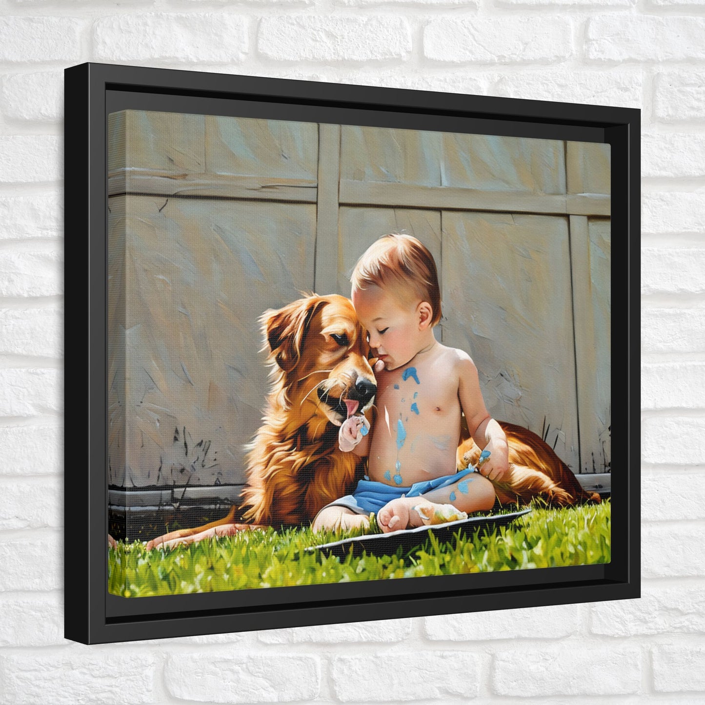 Golden Retriever & Baby Boy Canvas | Sweet Dog Art Print | Framed Wall Decor in Black, White, or Espresso | 11x 14| Dog Lover Gift