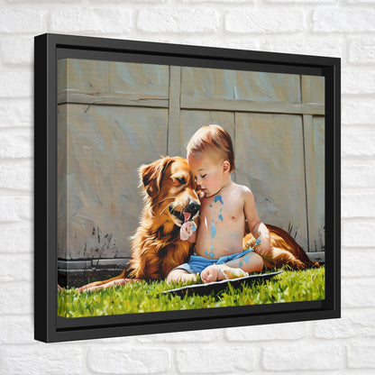 Golden Retriever & Baby Boy Canvas | Sweet Dog Art Print | Framed Wall Decor in Black, White, or Espresso | 11x 14| Dog Lover Gift