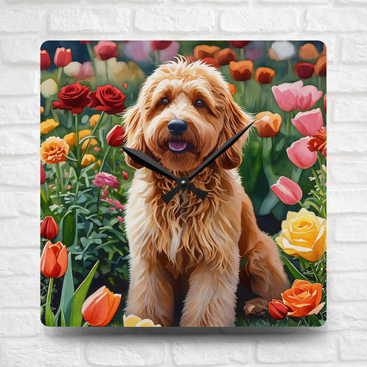 Goldendoodle Wall Clock | Modern Acrylic Dog Lover Gift | Watercolor Goldendoodle Art for Home & Office