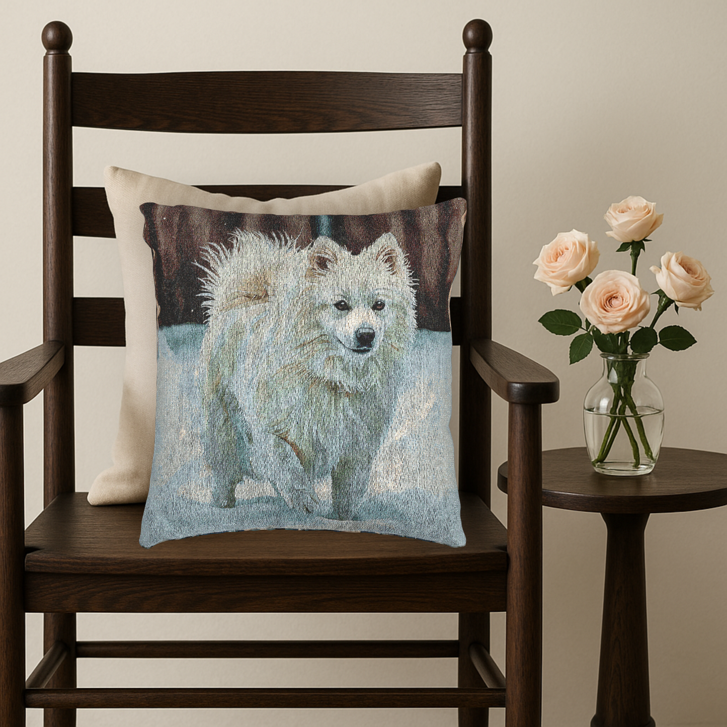 American Eskimo Dog Woven Pillow | Dog Lover Home Décor | Watercolor Dog Art Cushion