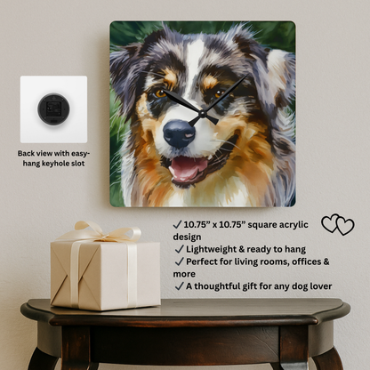 Australian Shepherd Wall Clock – Elegant Watercolor Dog Art | 10.75” Square Acrylic Wall Décor