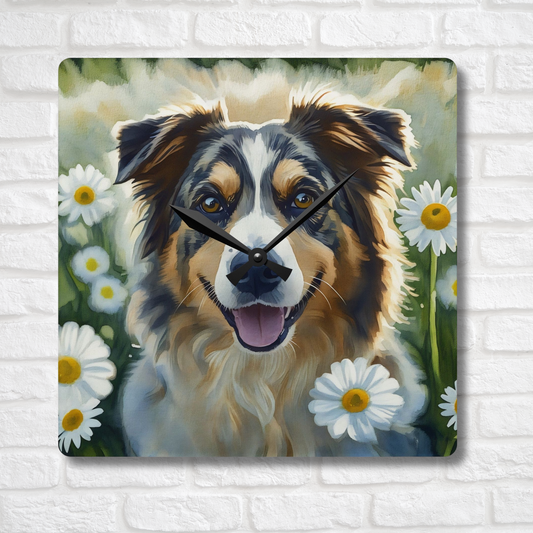 Australian Shepherd Wall Clock – Elegant Watercolor Dog Art | 10.75” Square Acrylic Wall Décor