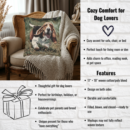 Basset Hound Pillow | Woven Dog Lover Home Décor | 17x18 Cotton Blend Throw Pillow
