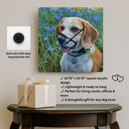 Beagle Wall Clock – Watercolor Dog Art for Home or Office | 10.75” Square Acrylic Clock