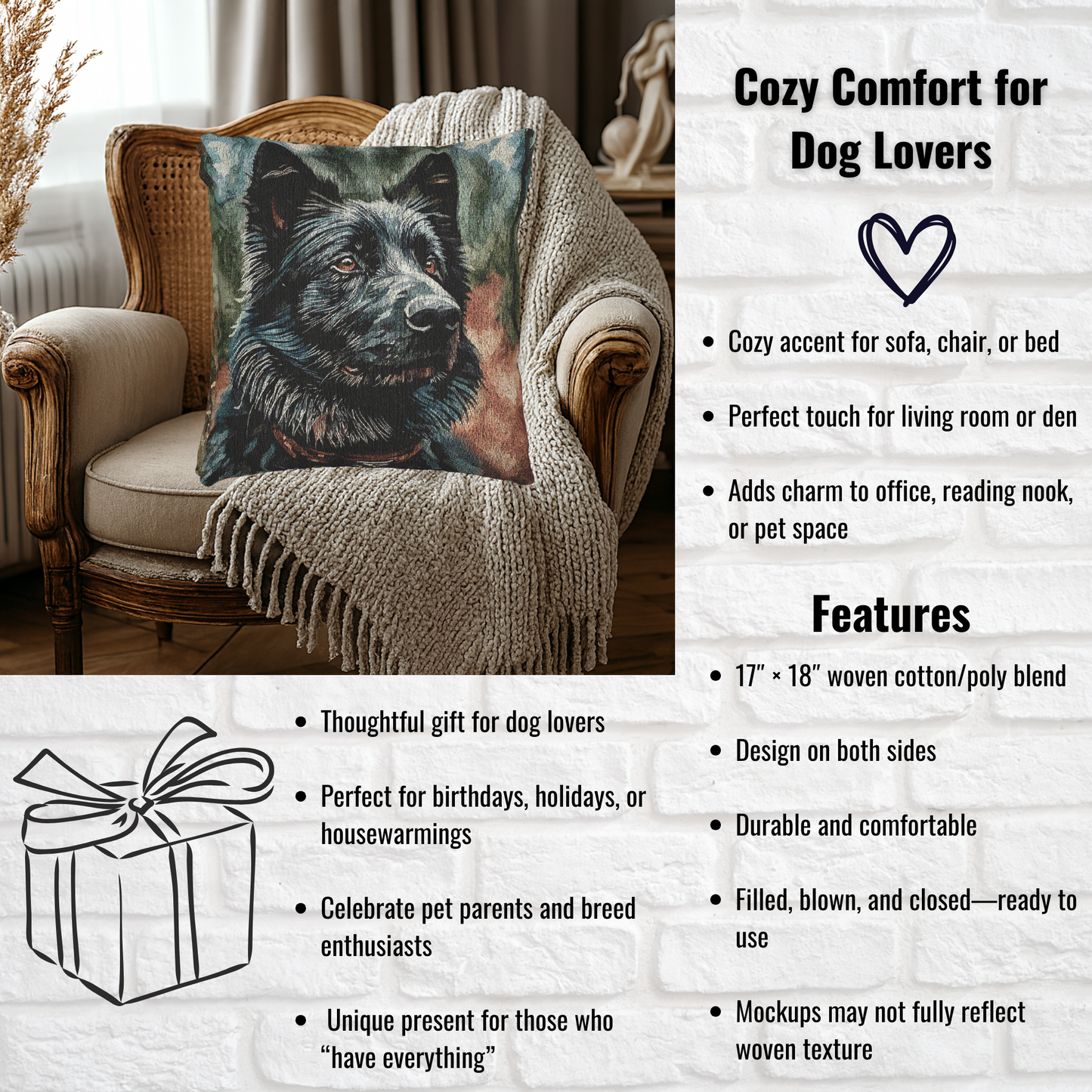 Belgian Sheepdog Pillow | Dog Lover Home Décor | Decorative Woven Pillow with Belgian Sheepdog Art