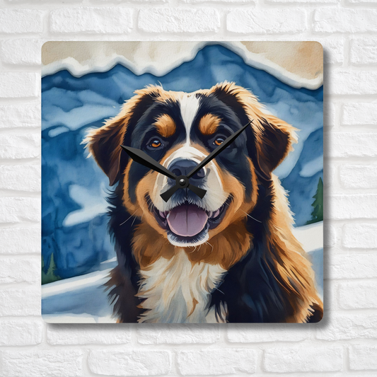 Bernese Mountain Dog Wall Clock – Watercolor Dog Art | 10.75” Square Acrylic Wall Décor
