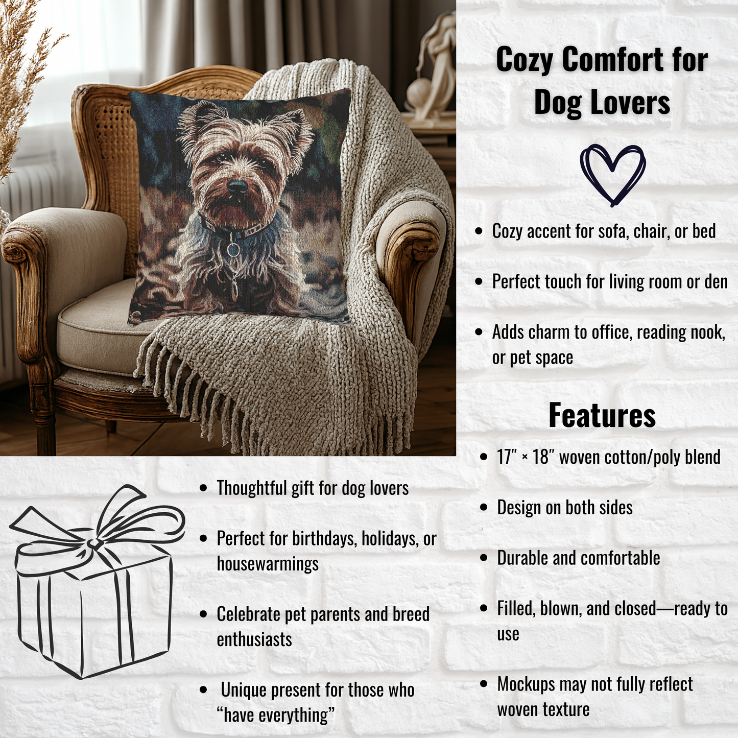 Biewer Terrier Pillow | Dog Lover Home Décor | Decorative Woven Pillow with Biewer Terrier Art