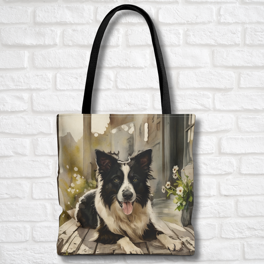 Border Collie Tote Bag | Rustic Porch Dog Art | Large Watercolor Shoulder Bag for Dog Lovers