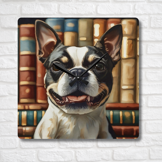 Boston Terrier Wall Clock – Watercolor Dog Art | 10.75” Square Acrylic Wall Décor