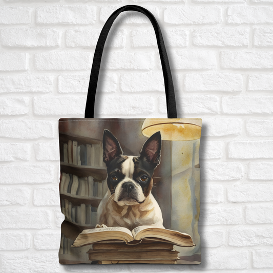 Boston Terrier Tote Bag | Book Lover Dog Art | Large Watercolor Shoulder Bag for Dog Moms and Readers