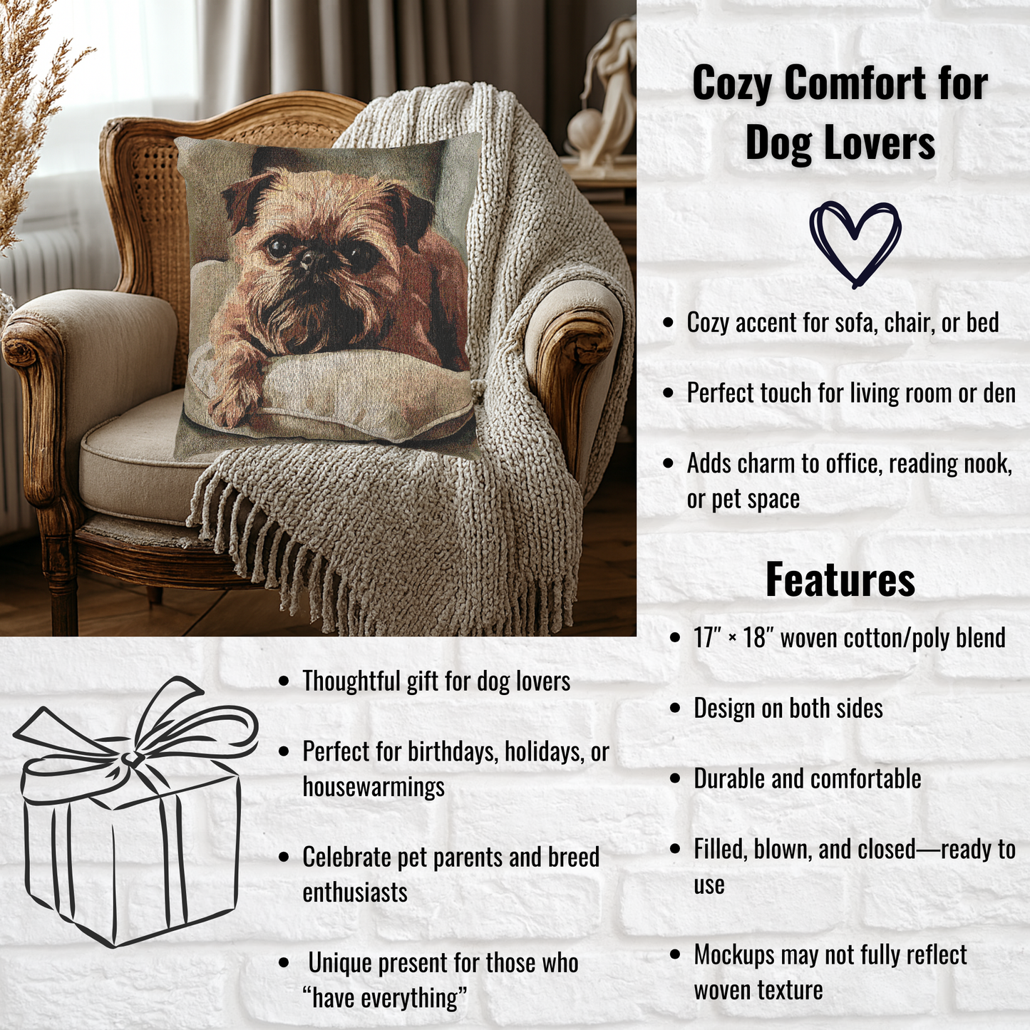 Brussels Griffon Woven Decorative Pillow – Dog Lover Home Décor Gift