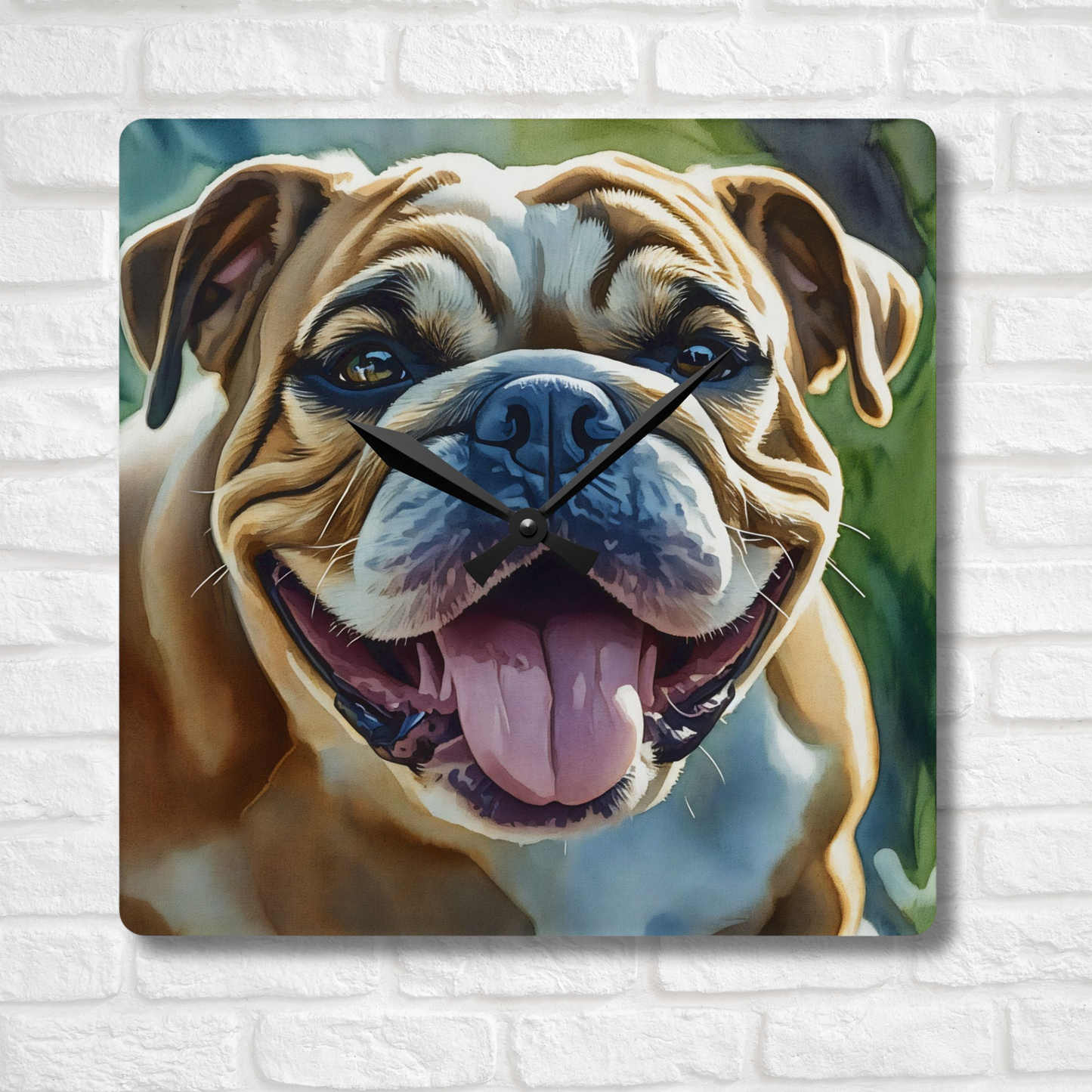 Bulldog Wall Clock – Watercolor Dog Art | 10.75” Square Acrylic Wall Clock