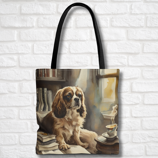 Cavalier King Charles Spaniel Tote Bag | Cozy Reading Nook Dog Art | Large Watercolor Shoulder Bag