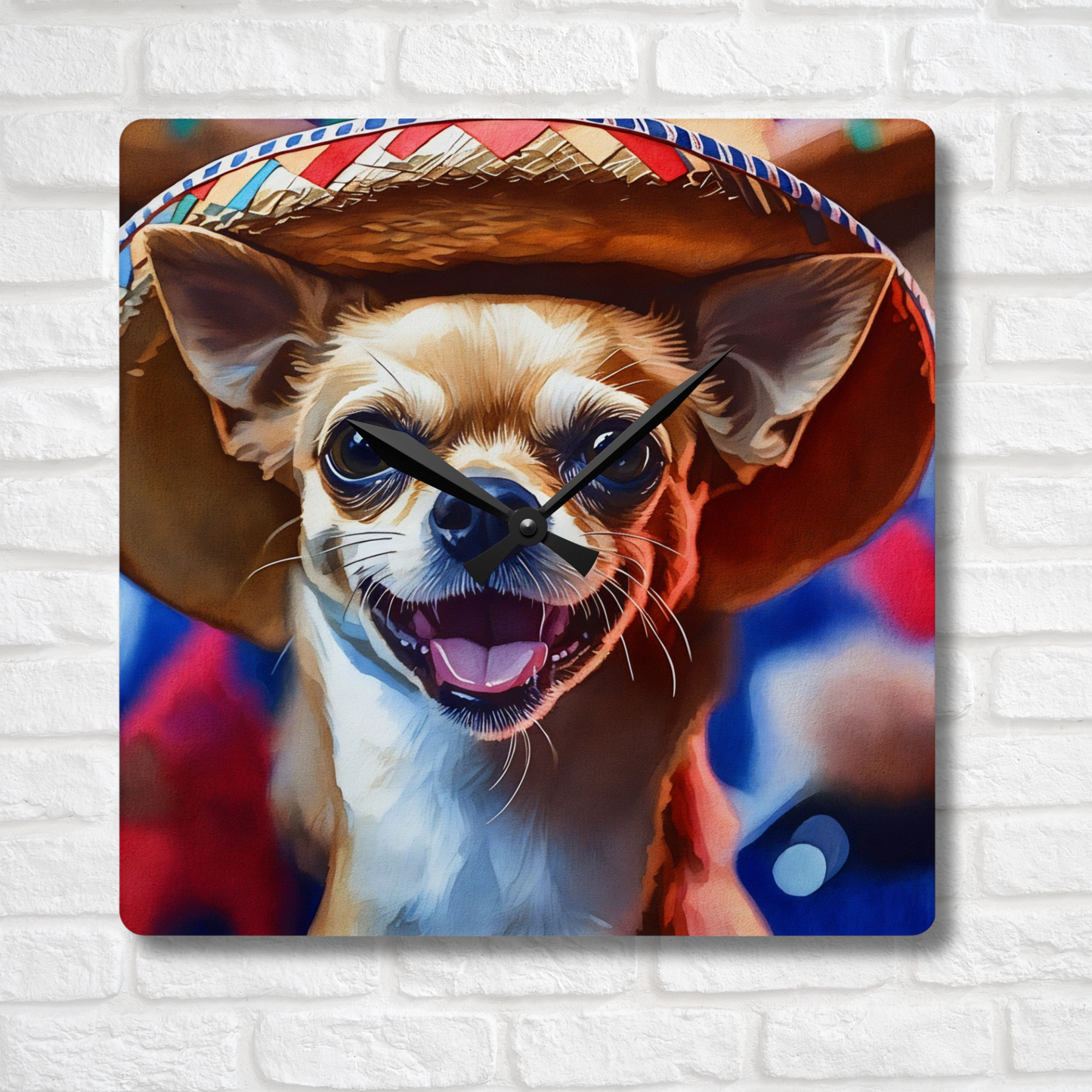 Chihuahua Wall Clock – Watercolor Dog Art | 10.75” Square Acrylic Wall Décor