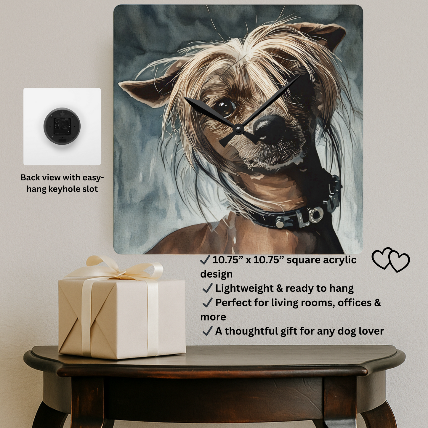 Chinese Crested Wall Clock | Dog Lover Gift | Elegant Acrylic Clock with Chinese Crested Dog Art