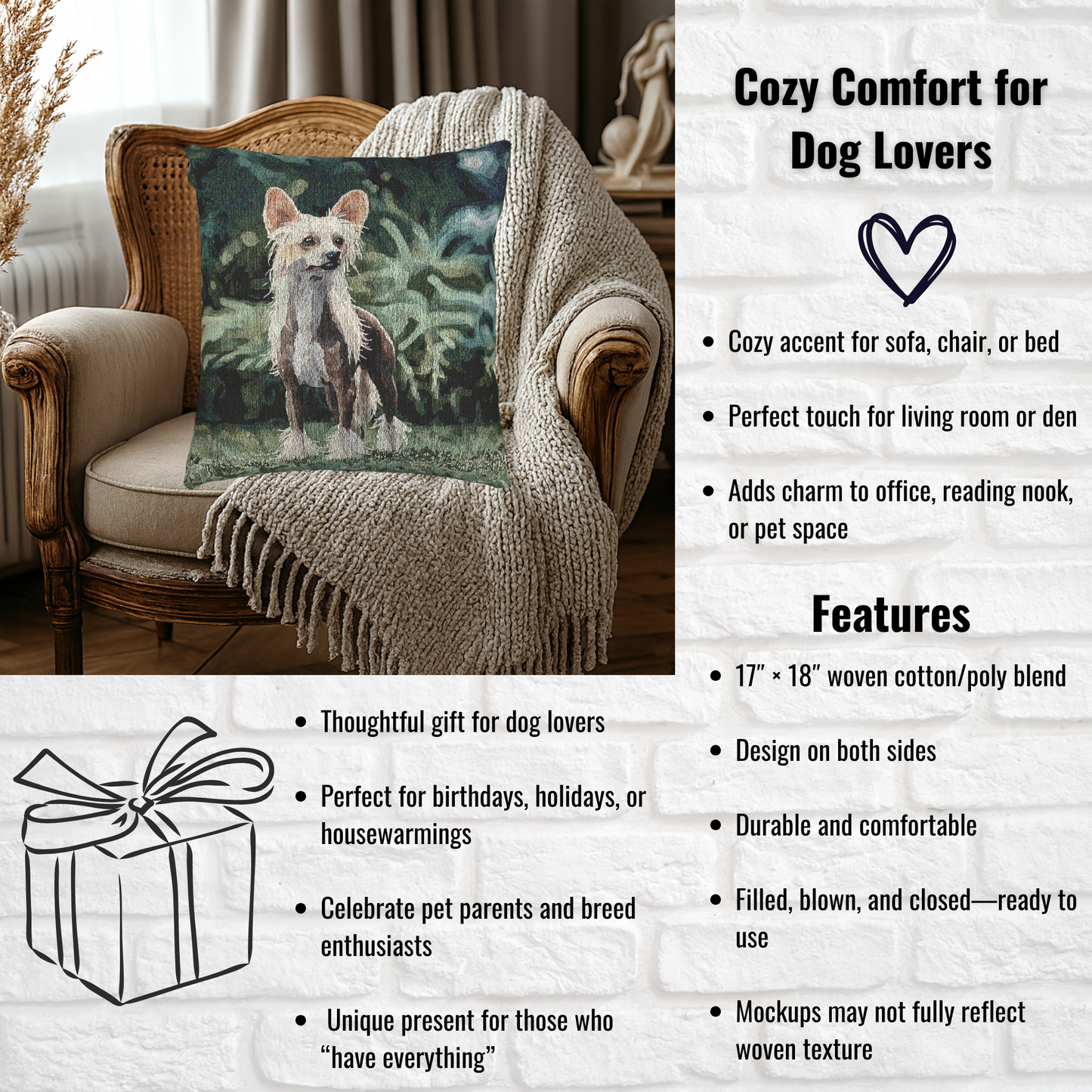 Chinese Crested Woven Decorative Pillow – Dog Lover Home Décor Gift