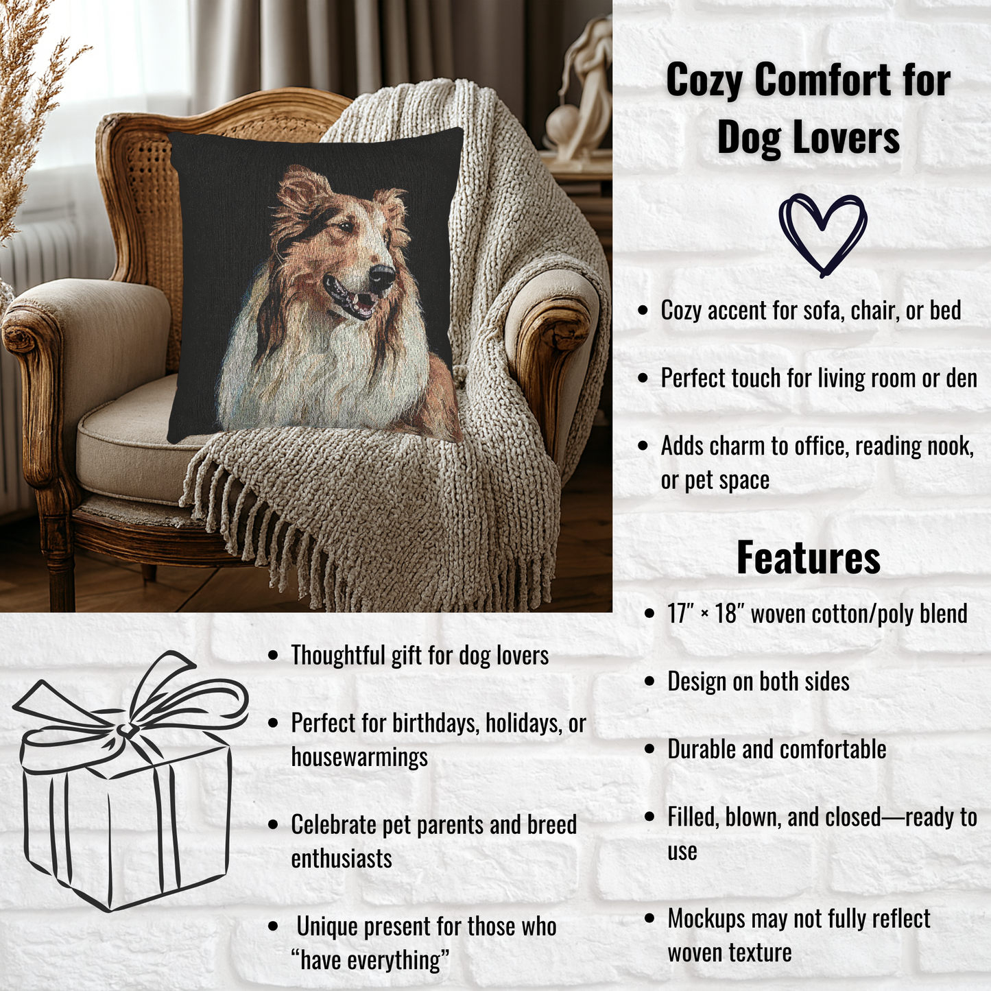 Collie Woven Decorative Pillow – Dog Lover Home Décor Gift