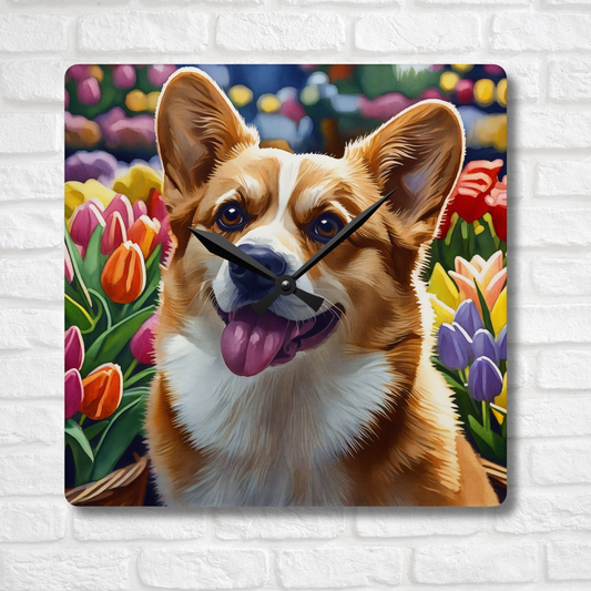Corgi Wall Clock – Watercolor Dog Art | 10.75” Square Acrylic Wall Décor