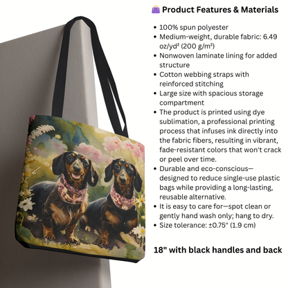 Dachshund Tote Bag | Floral Garden Dog Art with Pink Scarves | Large Reusable Bag for Doxie Lovers
