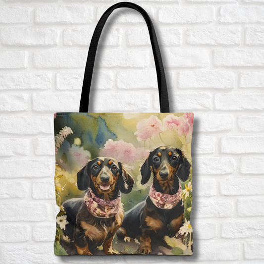 Dachshund Tote Bag | Floral Garden Dog Art with Pink Scarves | Large Reusable Bag for Doxie Lovers