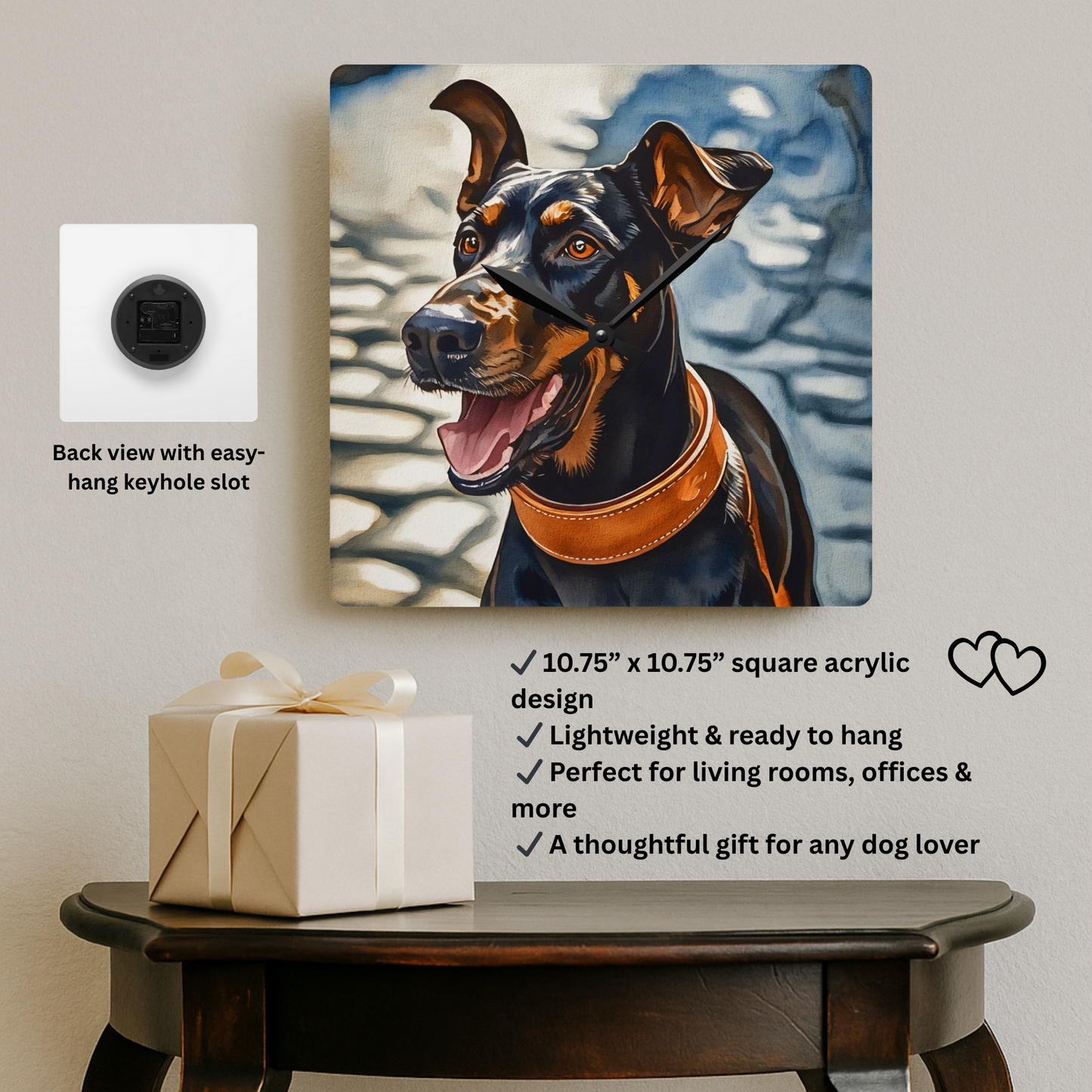 Doberman Wall Clock – Watercolor Dog Art | 10.75” Square Acrylic Wall Décor