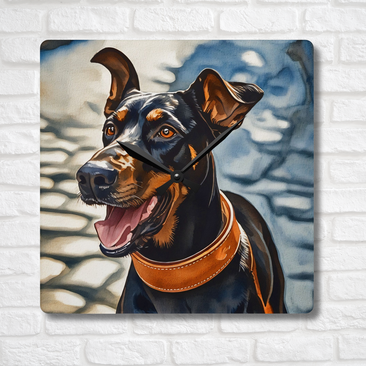 Doberman Wall Clock – Watercolor Dog Art | 10.75” Square Acrylic Wall Décor