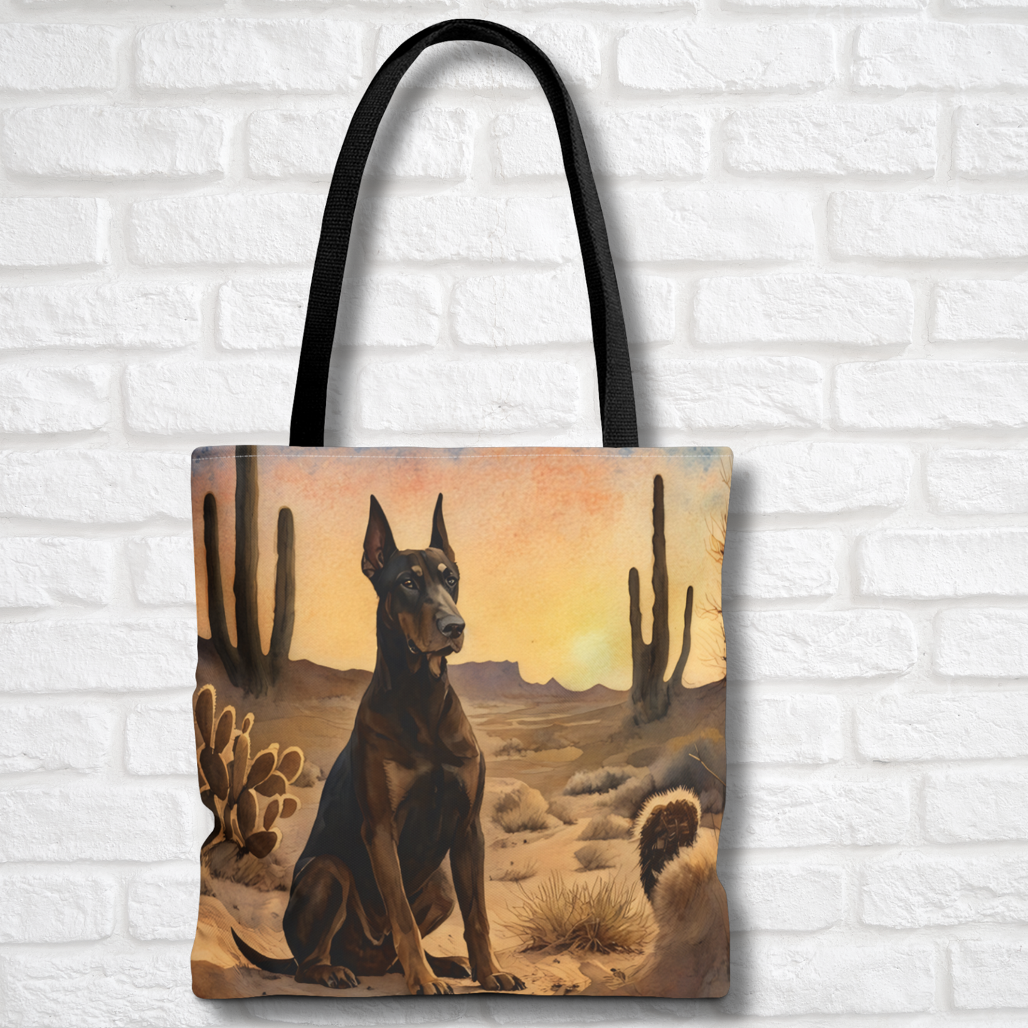Doberman Pinscher Tote Bag | Desert Sunset Dog Art | Large Watercolor Shoulder Bag for Doberman Lovers