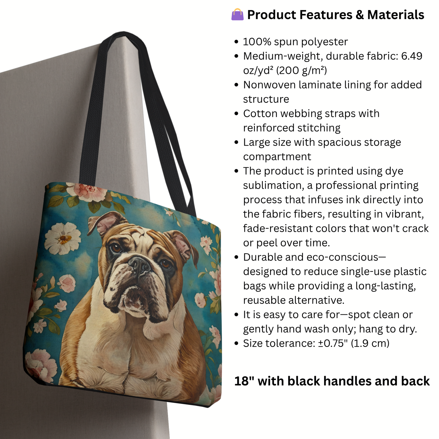 English Bulldog Tote Bag | Floral Dog Art with Blue Background | Large Reusable Shoulder Bag for Bulldog Lovers