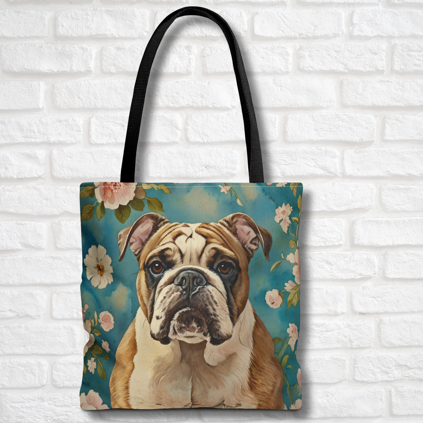 English Bulldog Tote Bag | Floral Dog Art with Blue Background | Large Reusable Shoulder Bag for Bulldog Lovers