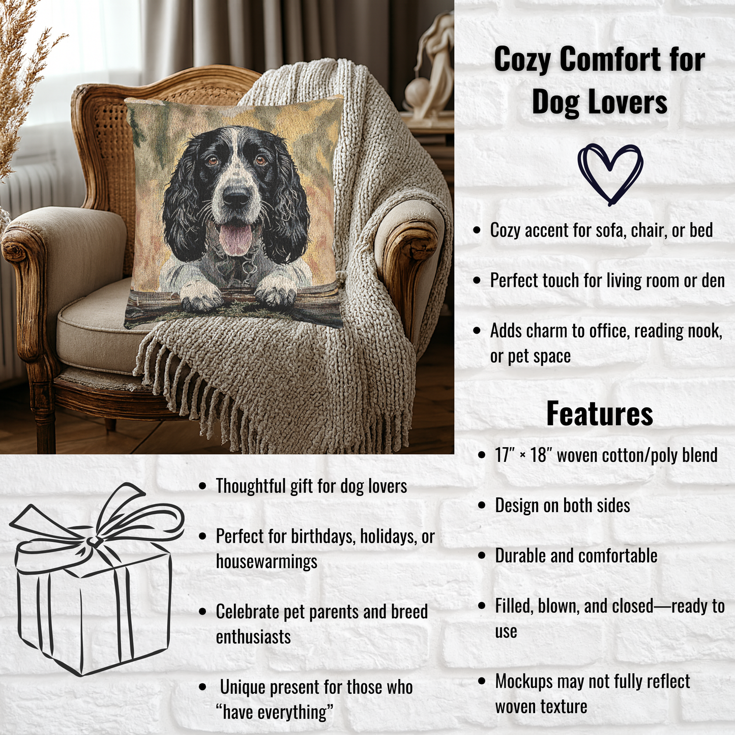 English Springer Spaniel Woven Pillow | Elegant Dog Lover Home Décor | Heirloom-Quality Tapestry Cushion