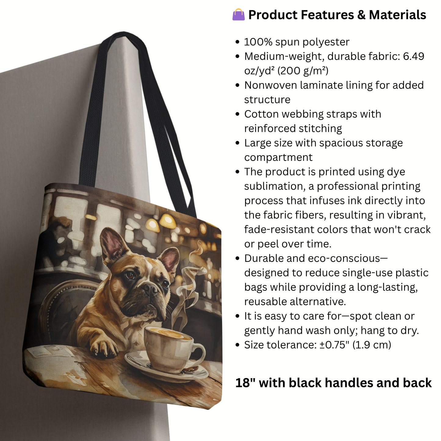 French Bulldog Tote Bag | Café Scene Dog Art with Coffee | Large Watercolor Shoulder Bag for Dog Lovers