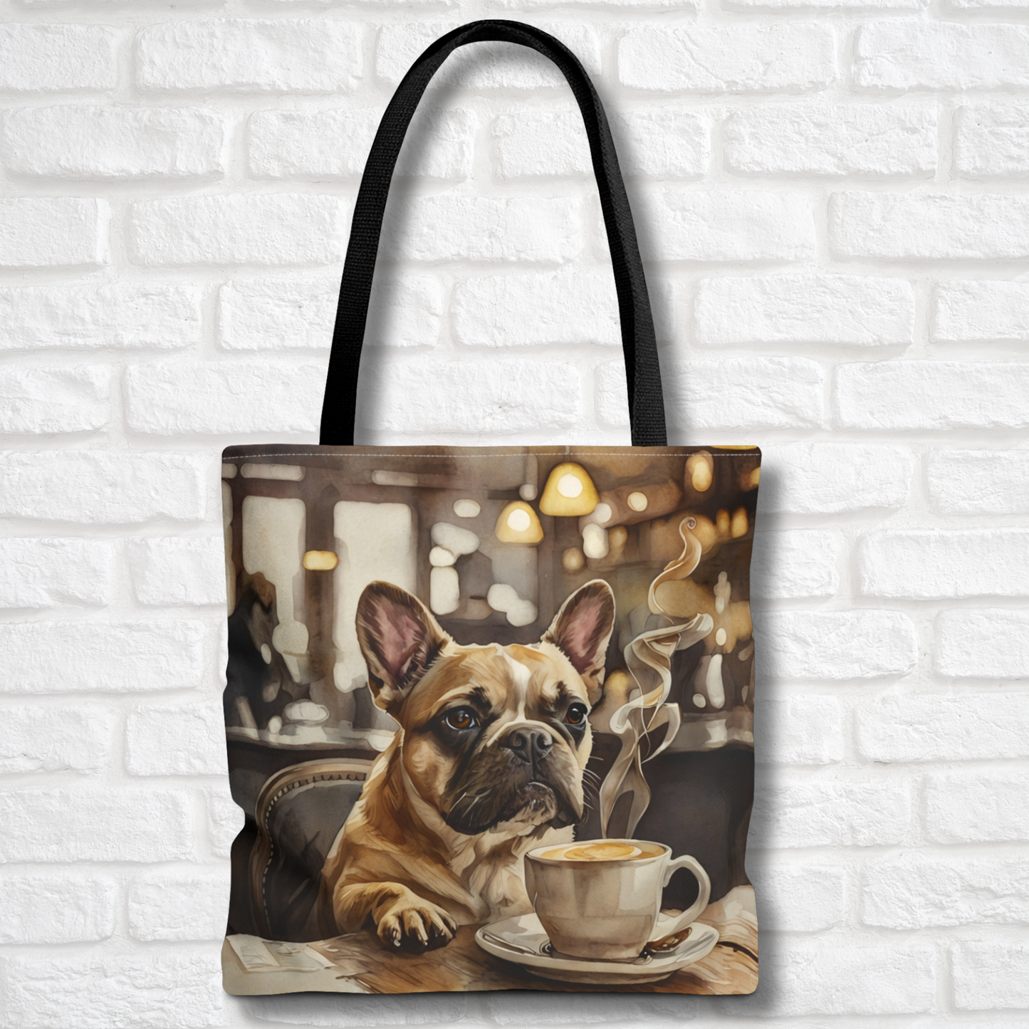 French Bulldog Tote Bag | Café Scene Dog Art with Coffee | Large Watercolor Shoulder Bag for Dog Lovers