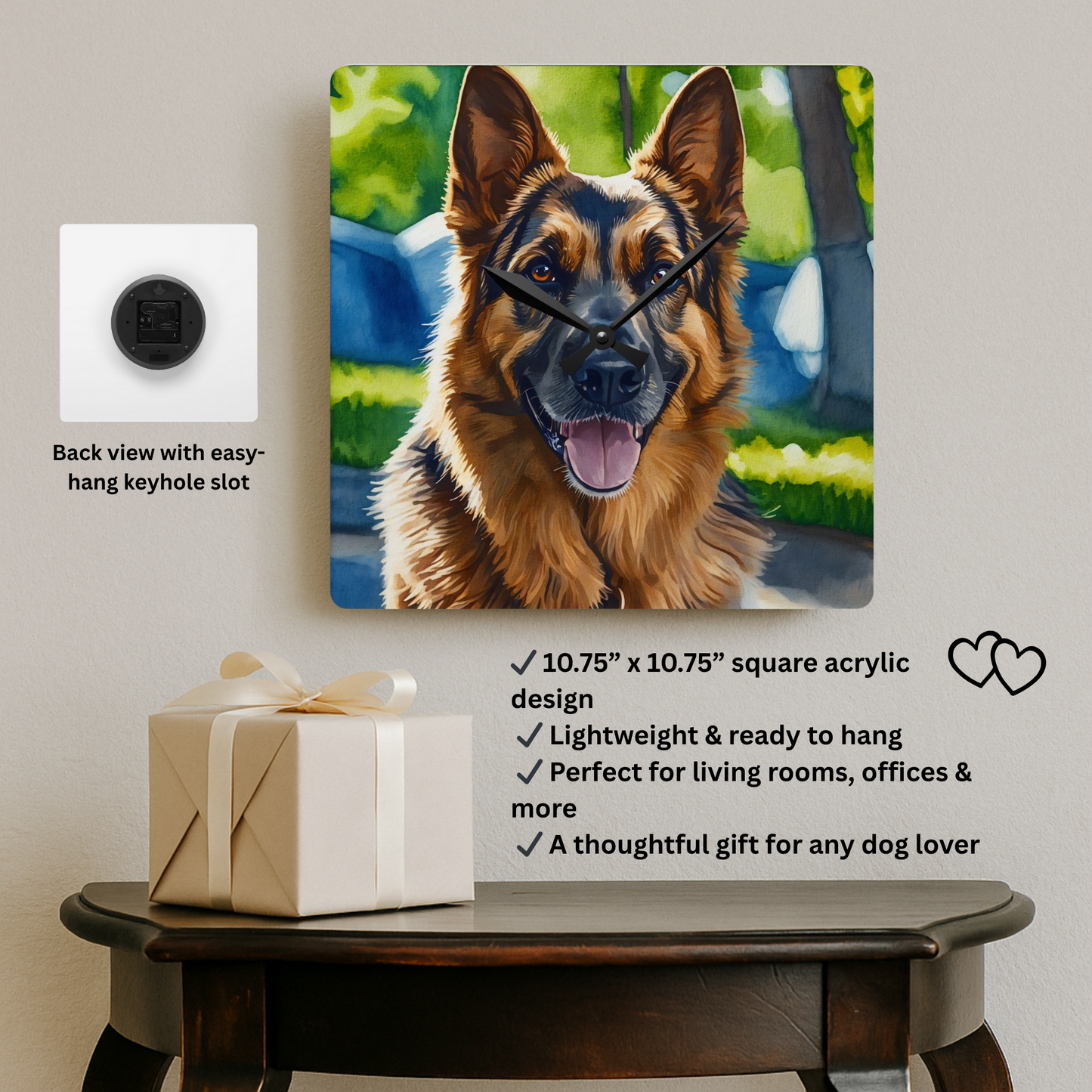 German Shepherd Wall Clock – Watercolor Dog Art | 10.75” Square Acrylic Wall Décor