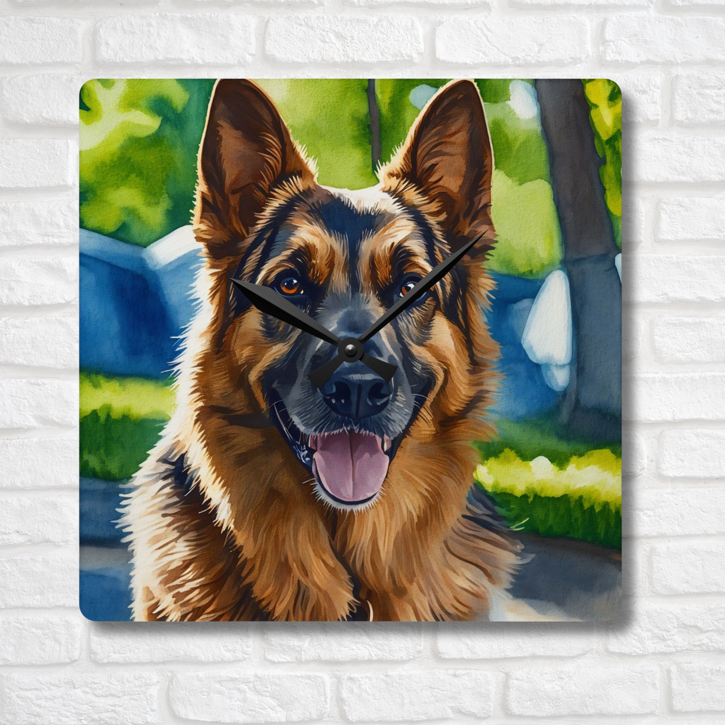 German Shepherd Wall Clock – Watercolor Dog Art | 10.75” Square Acrylic Wall Décor