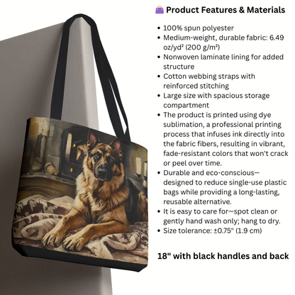German Shepherd Tote Bag | Cozy Fireplace Dog Art | Large Reusable Shoulder Bag for Dog Lovers