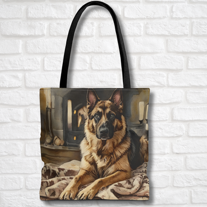 German Shepherd Tote Bag | Cozy Fireplace Dog Art | Large Reusable Shoulder Bag for Dog Lovers