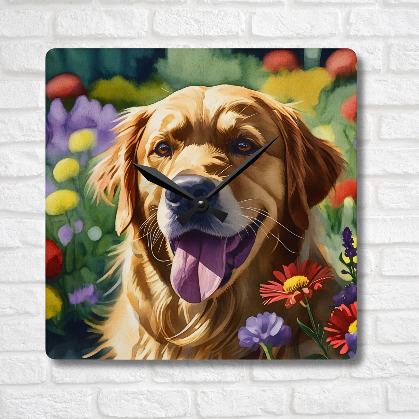 Golden Retriever Wall Clock – Watercolor Dog Art | 10.75” Square Acrylic Wall Clock
