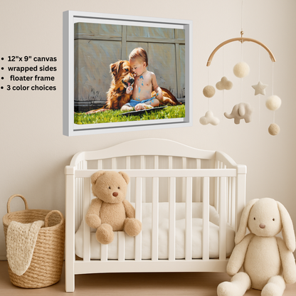 Golden Retriever & Baby Boy Canvas | Sweet Dog Art Print | Framed Wall Decor in Black, White, or Espresso | 9x12 | Dog Lover Gift