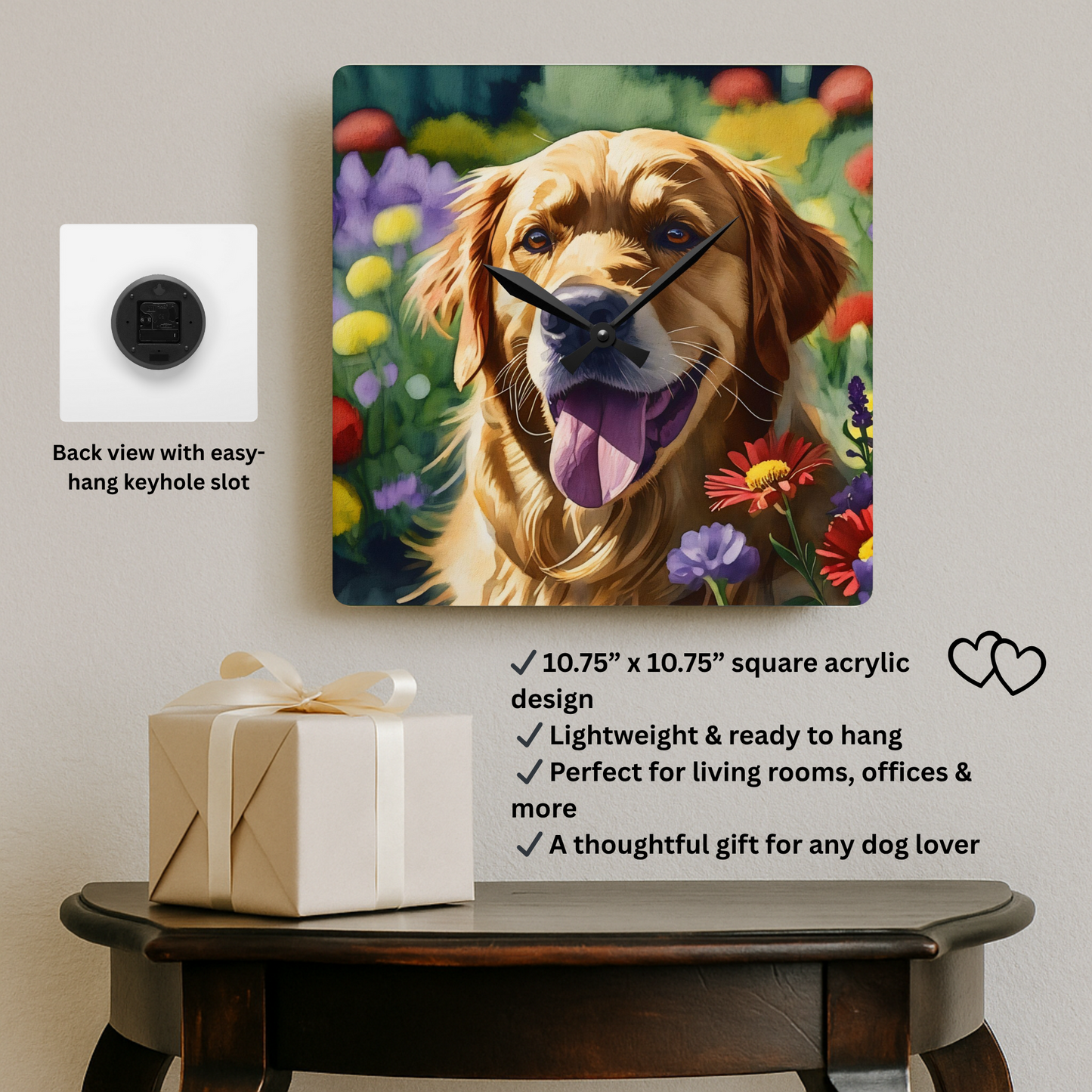 Golden Retriever Wall Clock – Watercolor Dog Art | 10.75” Square Acrylic Wall Clock