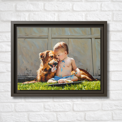 Golden Retriever & Baby Boy Canvas | Sweet Dog Art Print | Framed Wall Decor in Black, White, or Espresso | 9x12 | Dog Lover Gift