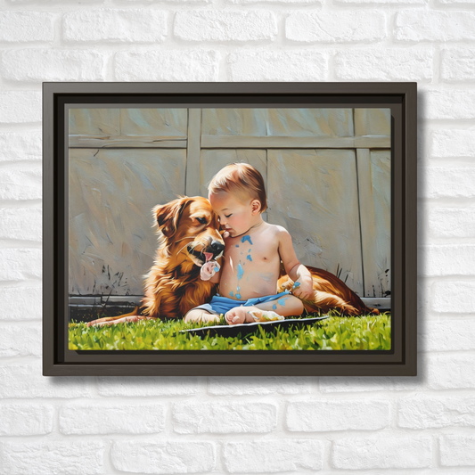 Golden Retriever & Baby Boy Canvas | Sweet Dog Art Print | Framed Wall Decor in Black, White, or Espresso | 9x12 | Dog Lover Gift