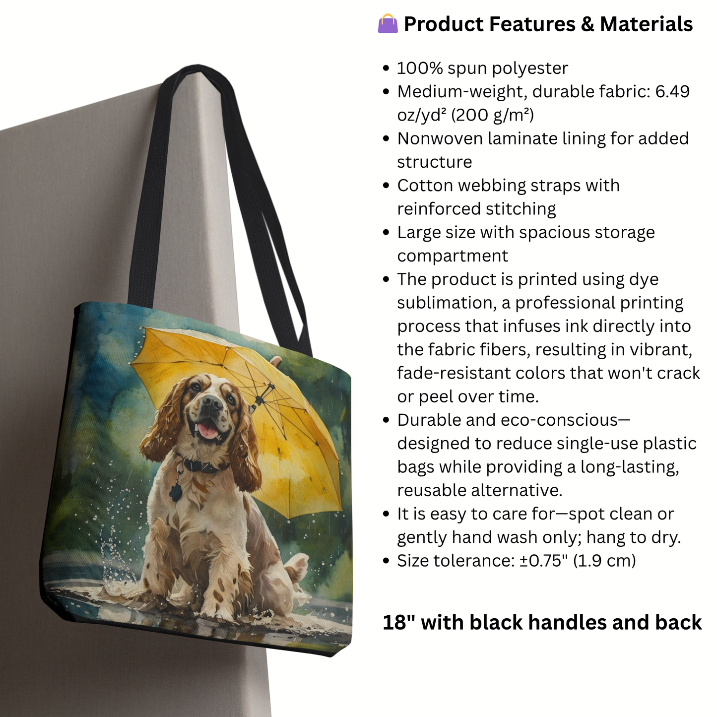 Cocker Spaniel Tote Bag | Rainy Day Dog Art with Yellow Umbrella | Large Watercolor Shoulder Bag