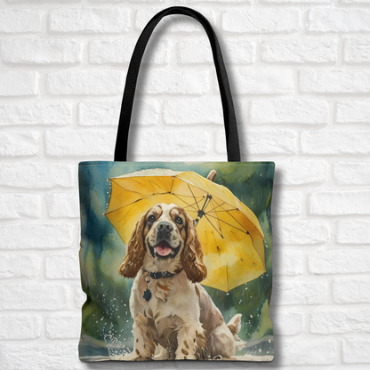 Cocker Spaniel Tote Bag | Rainy Day Dog Art with Yellow Umbrella | Large Watercolor Shoulder Bag