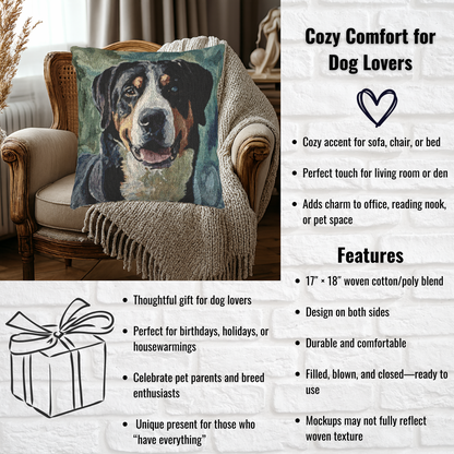 Greater Swiss Mountain Dog Woven Pillow | 17″×18″ Stuffed Dog Lover Home Décor