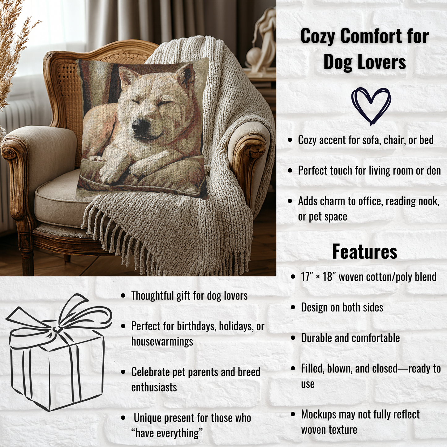 Hokkaido Dog Woven Pillow | 17″×18″ Japanese Breed Home Décor
