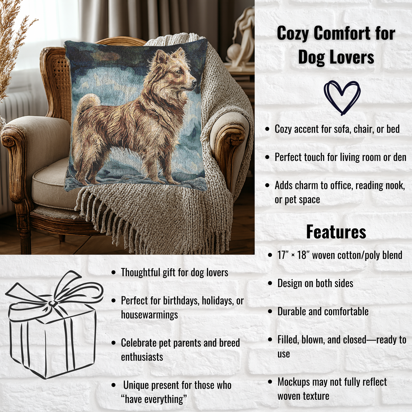 Icelandic Sheepdog Woven Pillow | 17″×18″ Nordic Dog Lover Home Décor